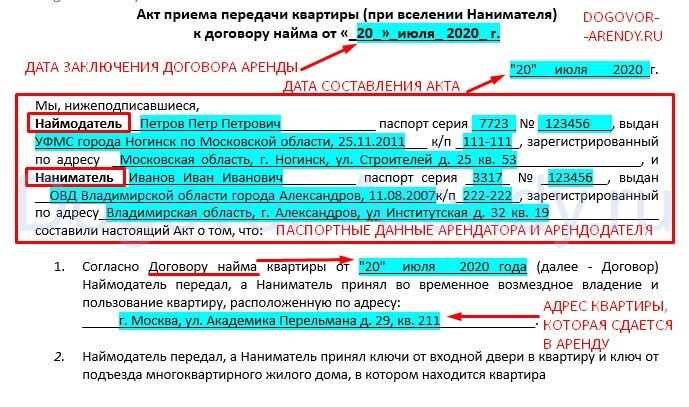 Какие данные должны быть включены в акт приема-передачи квартиры по договору аренды?